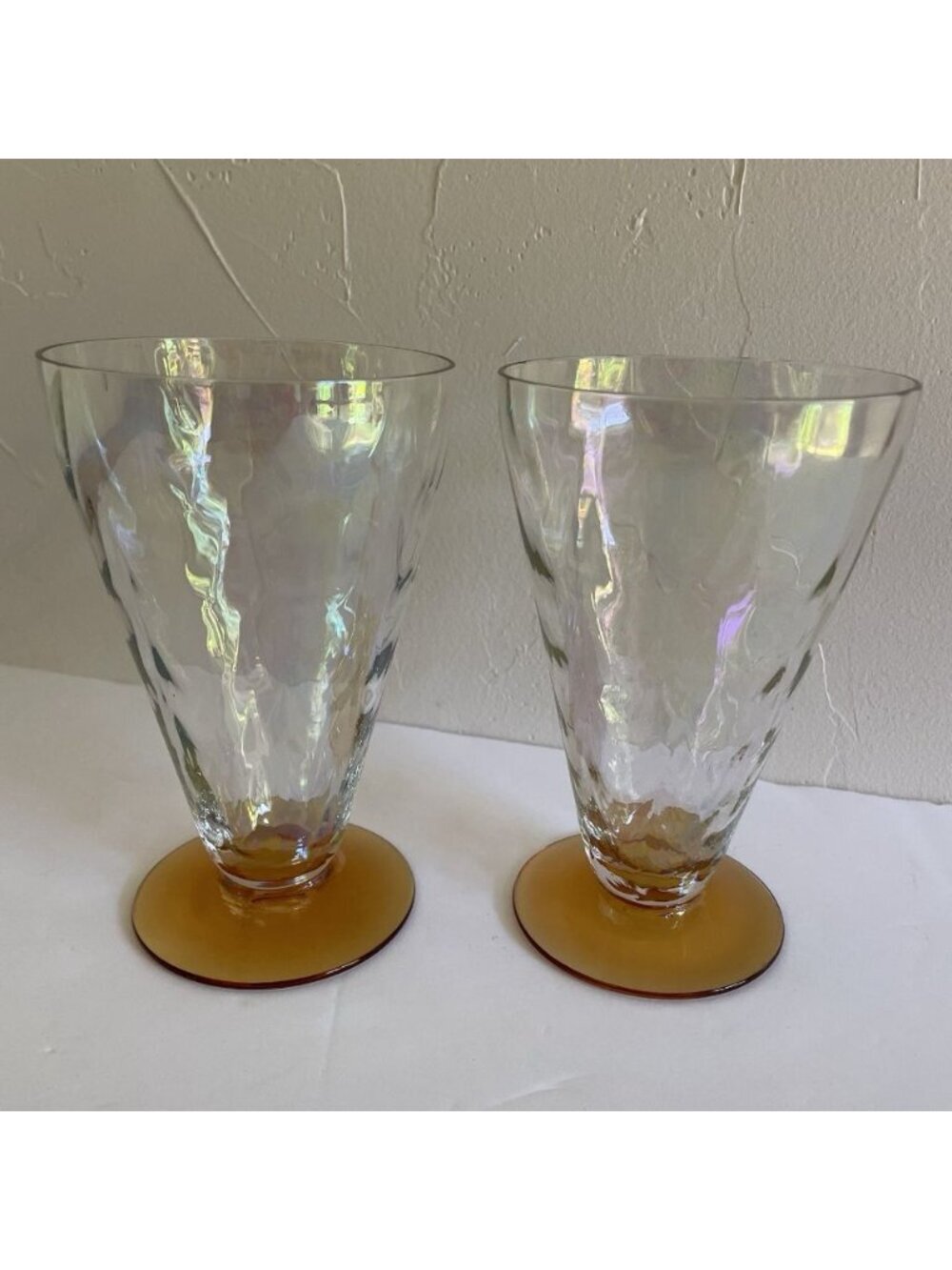 Fostoria June Amber 9 Oz Footed Tumbler Iced Tea Glasses Set Of 2 Iridescent